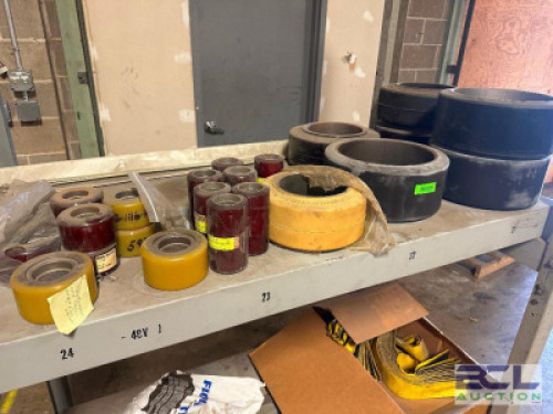 (1) LOT OF ASSORTED FORKLIFT WHEELS AND ROLLERS.