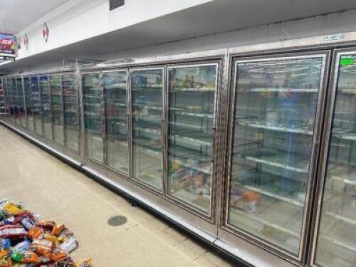 (5) ZERO ZONE RI-4-DFR-KT FOUR DOOR GLASS FREEZER CASES. AND (1) TWO DOOR UNIT. REMOTE COOLED