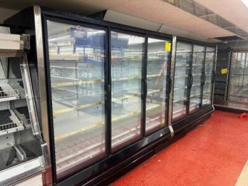 (2) HUSSMAN RFLN3 THREE DOOR REMOTE COOLED GLASS DOOR FREEZER UNITS.