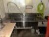 7' THREE WELL STAINLESS POT SINK W/ LEFT AND RIGHT DRY BOARD AND SPRAYER.
