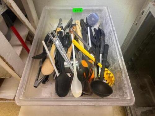 PLASTIC CONTAINER AND CONTENTS - ASSORTED UTENSILS AND SMALL WARES.