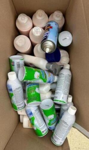 BOX OF BATHROOM CLEANER, SHAMPOO AND LOTION