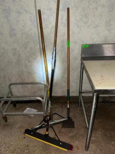 HOSE AND ASSORTED LONG HANDLE CLEANING TOOLS,.