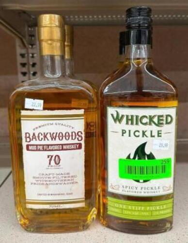 (2) BOTTLES OF MUD PIE FLAVORED WHISKEY & (4) BOTTLES OF SPICY PICKLE WHIKSEY