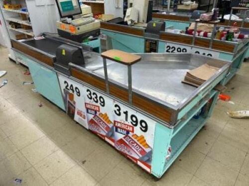 (2) HUSSMANN CHECK OUT LANES W/ CONVEYORS.