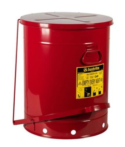 DESCRIPTION: (1) OILY WASTE CAN BRAND/MODEL: JUSTRITE/09700 INFORMATION: RED, HANDS FREE, SELF CLOSING SIZE: 21 GALLON, 23.438" H x 18.375" Outer Dia.
