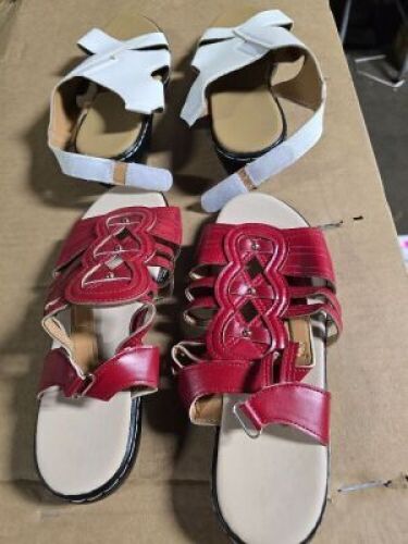 DESCRIPTION: (2) PAIR OF WOMENS SANDALS INFORMATION: ONE RED ONE WHITE SIZE: MUST COME INSPECT QTY: 2