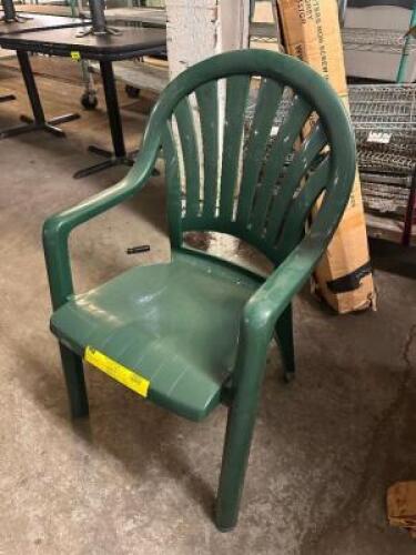 (4) GREEN PLASTIC PATIO STACK CHAIRS.