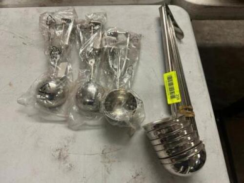 (6) STAINLESS LADLES AND (3) SCOOPS.