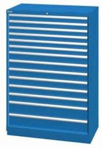 DESCRIPTION: (1) TOOL STORAGE BOX WITH SLIDE OUT DRAWERS BRAND/MODEL: LISTA INFORMATION: BLUE, 14 DRAWERS SIZE: 40-1/4"W x 22-1/2"D x 59-1/2"H RETAIL$