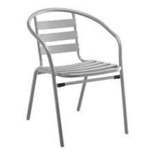 DESCRIPTION: (1) STACKING CHAIR, METAL INFORMATION: SILVER, SLATS, SLIGHTLY BENT RETAIL$: $55.00 EA QTY: 1