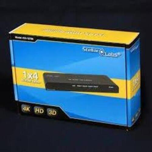 DESCRIPTION: (1) HDMI SPLITTER BRAND/MODEL: STELLAR LABS #33-12786 INFORMATION: 1 X 4 SPLITTER, 4K RETAIL$: $30.00 EA QTY: 1