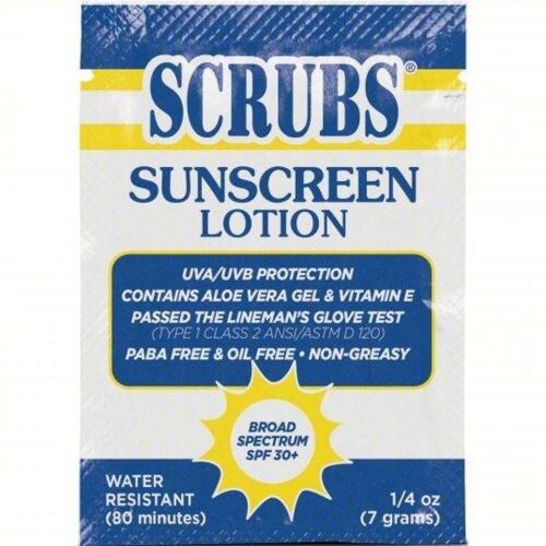 DESCRIPTION: (1) BOX OF (100) SUNSCREEN LOTION BRAND/MODEL: SCRUBS #54VH92 SIZE: 7G RETAIL$: $150.00 EA QTY: 1