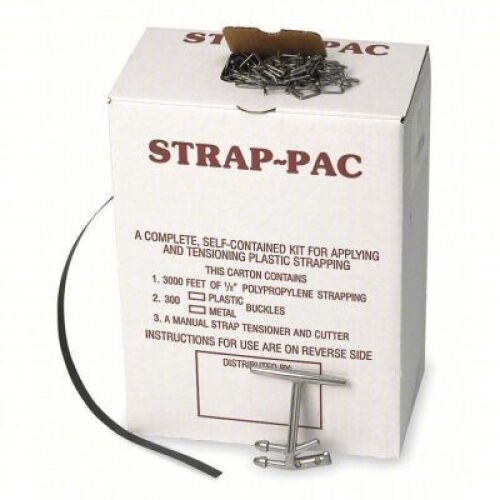 DESCRIPTION: (1) PLASTIC STRAPPING KITBRAND/MODEL: PART NUMBER #2CXL3INFORMATION:&nbsp;INCLUDES TENSIONER, STRAP, AND BUCKLESSIZE: FITS 1/2 IN STRAPRETAIL$: $77.76QTY: 1