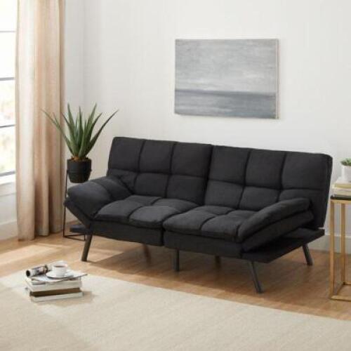 DESCRIPTION: MEMORY FOAM FUTON BLACK FAUX SUEDE FABRIC BRAND/MODEL: MAINSTAYS RETAIL$: $195.00 SIZE: 72"X34"X32" QTY: 1