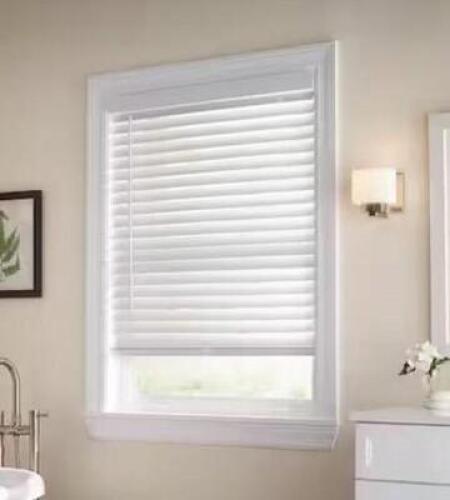 WHITE CORDLESS FAUX WOOD BLINDS FOR WINDOWS WITH 2 IN. SLATS - 66 IN. W X 72 IN. L