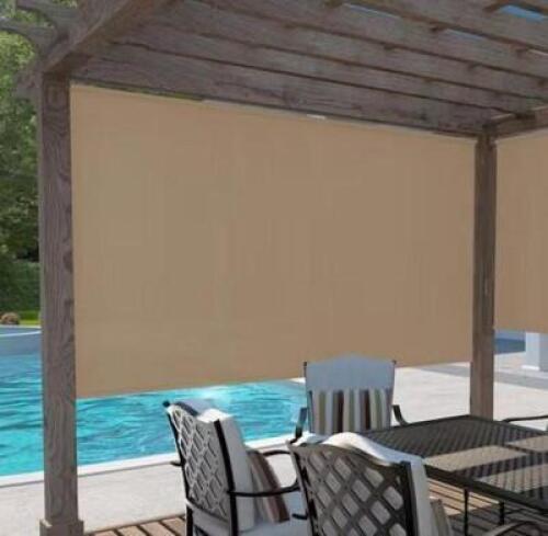 OATMEAL CORDLESS LIGHT FILTERING FADE RESISTANT FABRIC EXTERIOR ROLLER SHADE 96 IN. W X 72 IN. L