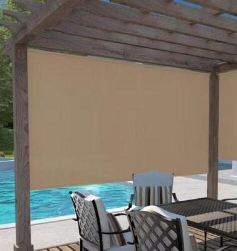 OATMEAL CORDLESS LIGHT FILTERING FADE RESISTANT FABRIC EXTERIOR ROLLER SHADE 96 IN. W X 72 IN. L
