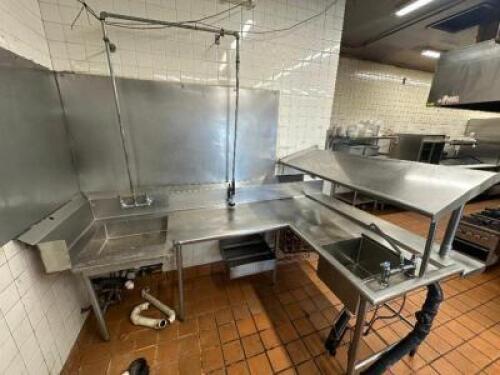 96" X 50" L SHAPED STAINLESS SOIL TABLE W/ RISER. W/ SINK AND SPRAY STATION