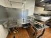 96" X 50" L SHAPED STAINLESS SOIL TABLE W/ RISER. W/ SINK AND SPRAY STATION