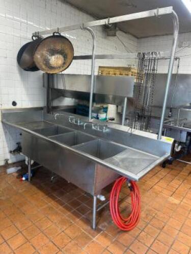 94" THREE WELL STAINLESS POT SINK W/ LEFT AND RIGHT DRY BOARDS.