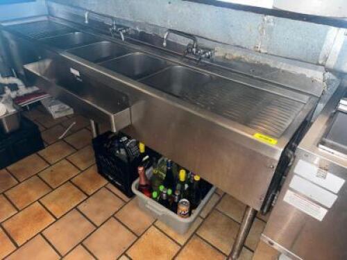 84" FOUR WELL UNDER BAR SINK W/ LEFT AND RIGHT DRY BOARDS.