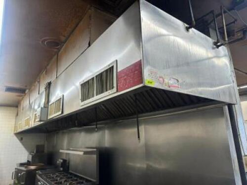 23' STAINLESS EXHAUST HOOD SYSTEM WITH FIRE SUPPRESSION AND EXHAUST FAN.