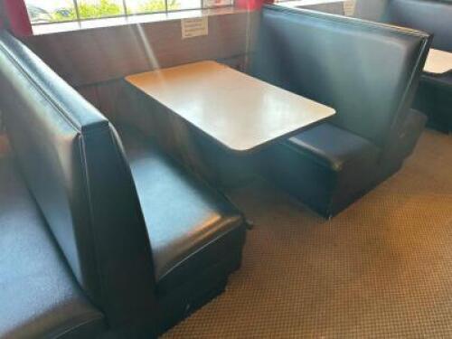 (9) SECTIONS OF 48" BLACK BOOTH SEATING W/ TABLES.