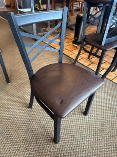 (8) METAL DINING ROOM CHAIRS W/ DARK BROWN PADDED SEAT CUSHIONS.