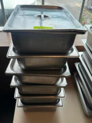 (6) HALF SIZE STAINLESS INSERTS W/ LIDS