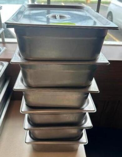 (6) HALF SIZE STAINLESS INSERTS W/ LIDS