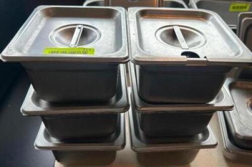 (6) 1/6TH SIZE STAINLESS INSERTS W/ LIDS