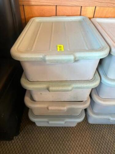 (4) PLASTIC BUS TUBS W/ LIDS.