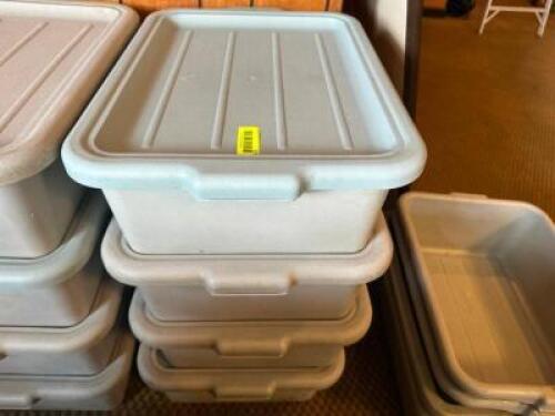 (4) PLASTIC BUS TUBS W/ LIDS.