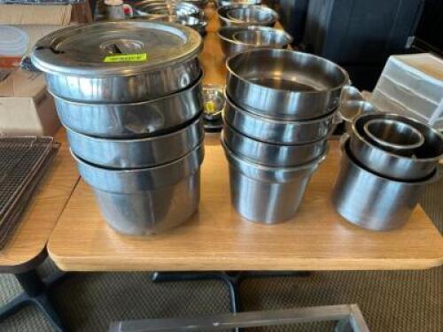 (7) ASSORTED ROUND STAINLESS INSERTS W/ (2) LIDS.