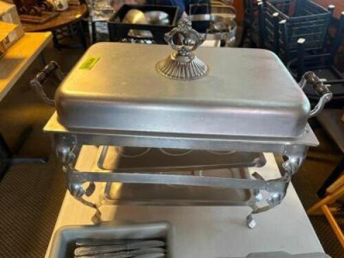 FULL SIZE STAINLESS CHAFFER W/ LID, STAND, AND INSERT.