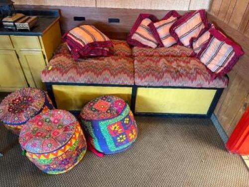 ASSORTED CUSHION, THROW PILLOWS, AND SEATS.