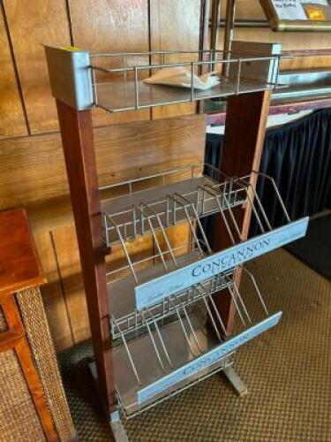 24" WOODEN AND WIRE THREE TIER WINE BOTTLE DISPLAY RACK.