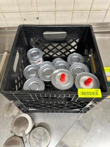 MILK CRATE OF STERNO FUEL CANS AND (2) HOLDERS.