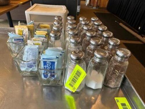 (1) LOT OF GLASS SHAKERS AND SUGAR CADDYS,