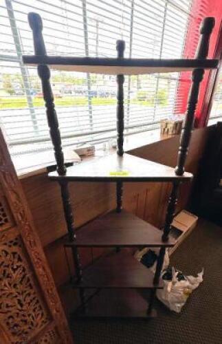FIVE TIER WOODEN CORNER ACCENT SHELF.