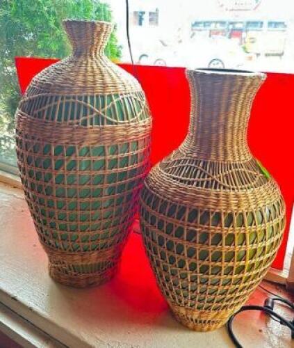 (2) DECORATIVE WICKER/GLASS VASES