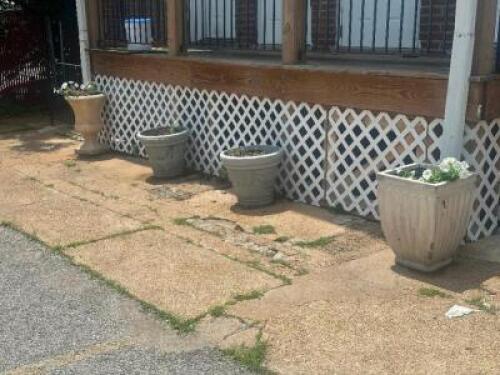 (4) - STONE PLANTERS WITH SOIL AND FLOWERS