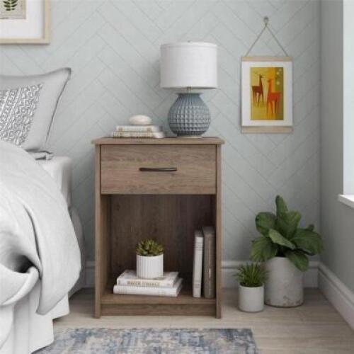 DESCRIPTION: CLASSIC NIGHTSTAND WITH DRAWER IN RUSTIC OAK BRAND/MODEL: MAINSTAYS RETAIL$: $49.00 SIZE: 24.13"X17.72"X15.67" QTY: 1