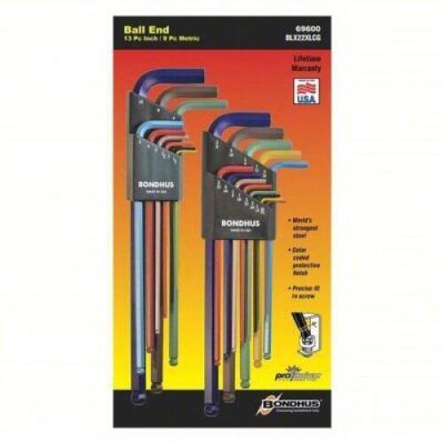 DESCRIPTION: (3) HEX KEY SET BRAND/MODEL: BONDHUS #453U56 INFORMATION: METRIC AND SAE, EXTRA LONG, 22 PIECES, COLOR CODED, 1 TIPS, 3 IN RETAIL$: $98.1