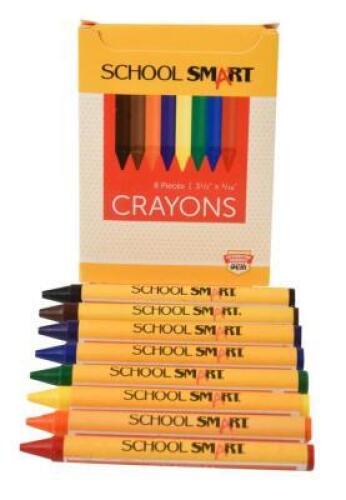 DESCRIPTION: (9) 8CT PACKS OF CRAYONS BRAND/MODEL: SCHOOL SMART RETAIL$: $0.89 EACH QTY: 9