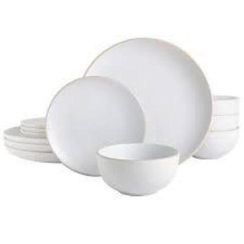 DESCRIPTION: (1) SET OF (12) DINNERWARE SET BRAND/MODEL: GIBSON #120040.12R INFORMATION: WHITE, STONEWARE RETAIL$: $47.99 TOTAL QTY: 1