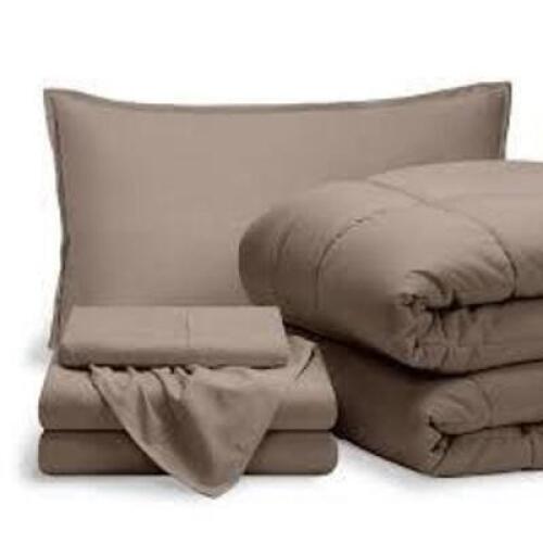 DESCRIPTION: (1) BED IN A BAG, BEDDING SET INFORMATION: LIGHTWEIGHT, MICROFIBER, NEUTRAL TAN, 6 PIECES SIZE: TWIN SIZE RETAIL$: $105.99 EA QTY: 1
