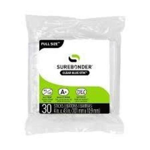 DESCRIPTION: (3) PACKS OF (30) GLUE STICKS BRAND/MODEL: SUREBONDER INFORMATION: FULL SIZE, CLEAR SIZE: 4" X .43" RETAIL$: $5.66 EA QTY: 3