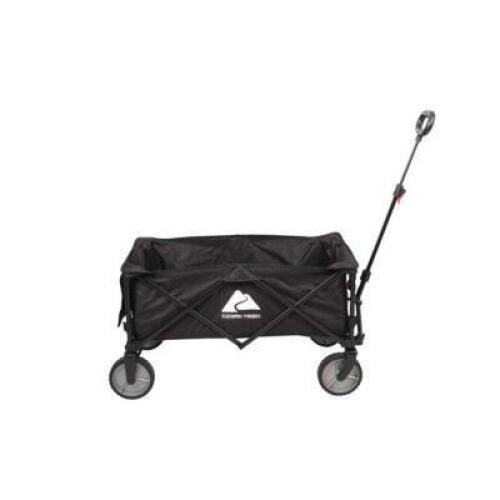 DESCRIPTION: FOLDING MULTIPURPOSE CAMP WAGON CART IN BLACK BRAND/MODEL: OZARK TRAIL RETAIL$: $55.00 SIZE: 35.5"X18.9"X21.6" QTY: 1